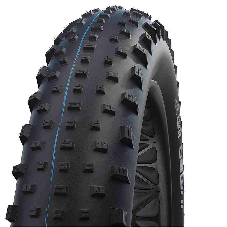 Schwalbe Jumbo Jim Addix fat bike tire with aggressive tread pattern, mounted on a bike wheel, suitable for off-road riding.
