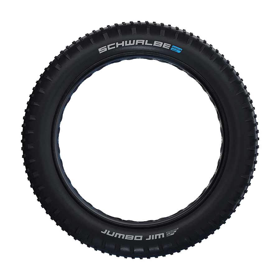 Schwalbe Jumbo Jim Addix fat bike tire showing knobby tread pattern and sidewall detail for off-road cycling.