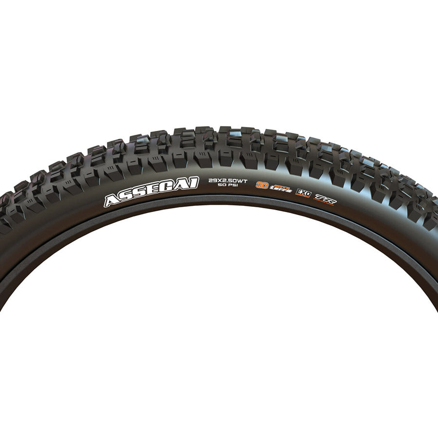 Maxxis Assegai mountain bike tire with aggressive tread pattern, suitable for trail and enduro riding.