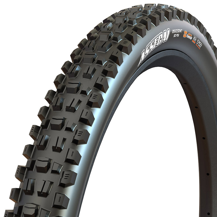 Maxxis Assegai mountain tire with aggressive tread pattern, designed for mountain biking and off-road cycling.