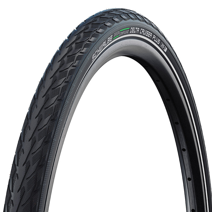 Schwalbe Delta Cruiser Plus hybrid tire showing tread pattern and sidewall profile, designed for versatile city and touring bikes.