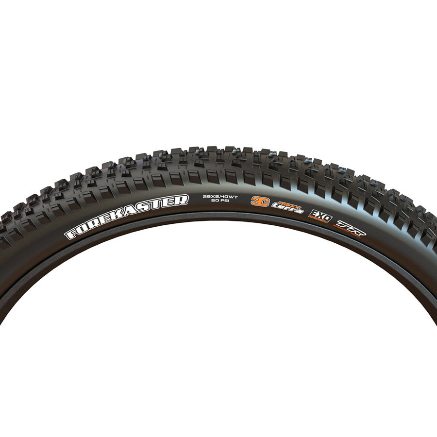 Maxxis Forekaster mountain bike tires with knobby tread for trail and enduro riding, shown in close-up view.