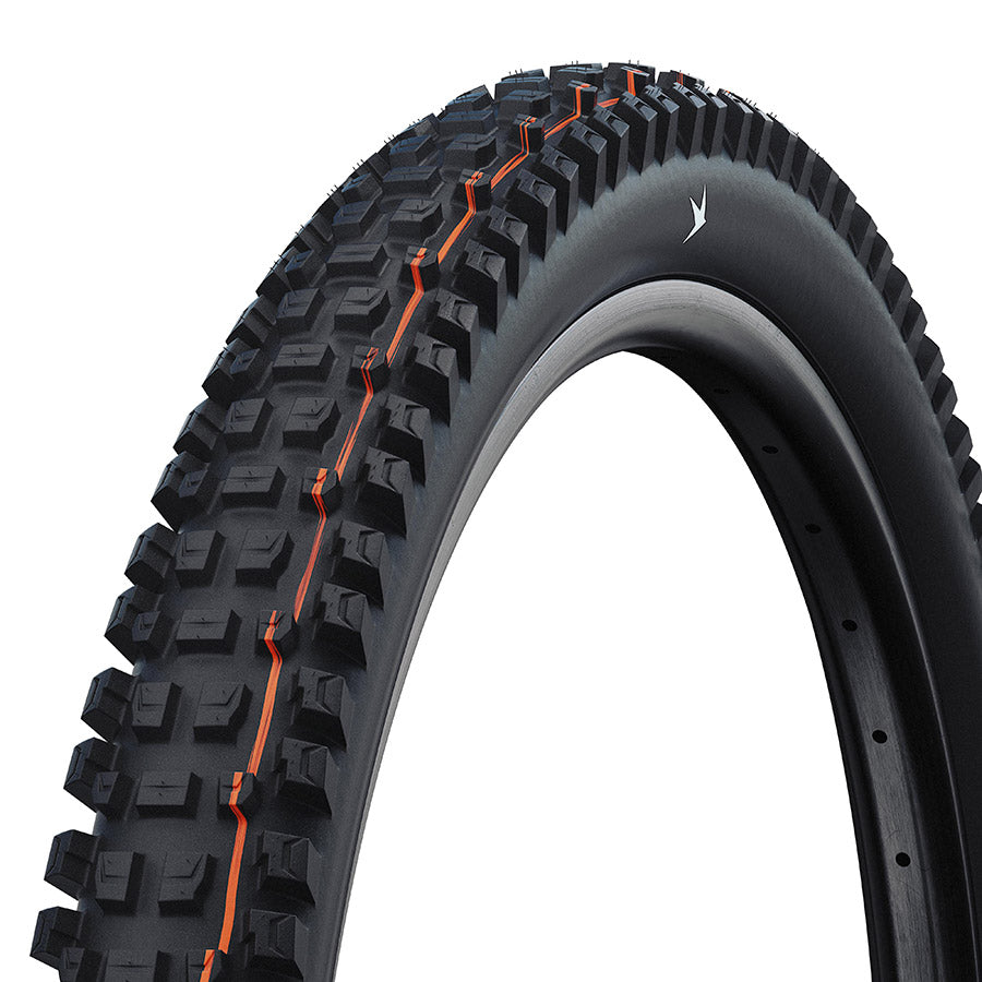 Schwalbe Albert Gravity Pro mountain tire with knobby tread for off-road cycling, displayed on a bike wheel.
