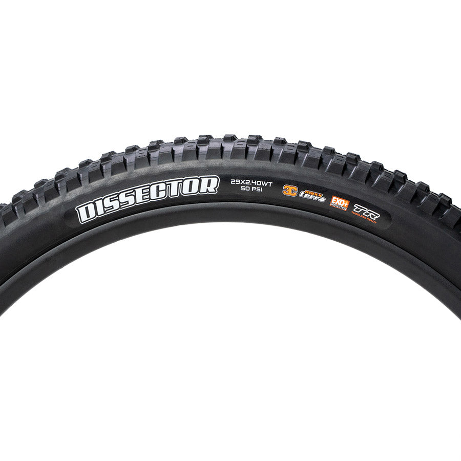 Maxxis Dissector II mountain bike tire with aggressive tread pattern, suitable for off-road mountain biking.