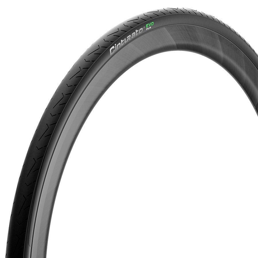 Pirelli Cinturato EVO TLR road tire with black rubber tread and sidewalls, designed for high-performance cycling.