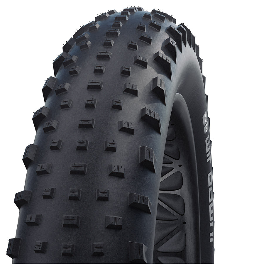 Schwalbe Jumbo Jim Performance fat bike tire with rugged tread pattern for off-road cycling over rough terrain.