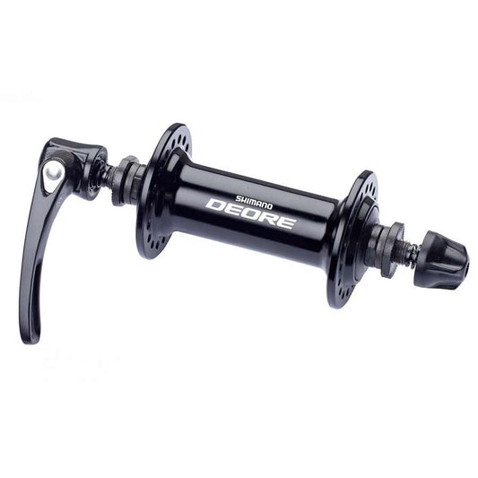 Shimano Deore HB/FH-T610 non-disc bike hub set, front and rear, with black anodized finish and quick-release levers.