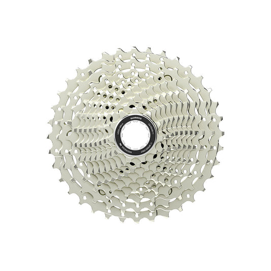 Shimano CS-RS400-11 cassette with silver gears and black body, designed for smooth shifting on road or mountain bikes.