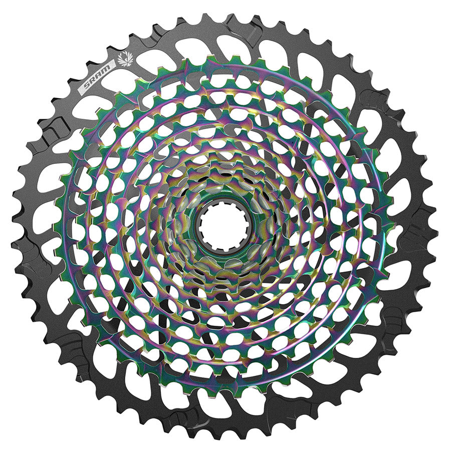 SRAM XG-1299 Eagle C1 cassette with 12-speed gear teeth and black finish, showing detailed sprockets and branding.