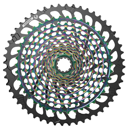 SRAM XG-1299 Eagle C1 cassette with 12-speed gear teeth and black finish, showing detailed sprockets and branding.
