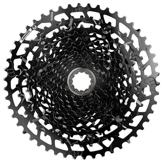 SRAM PG-1210 Eagle B1 cassette with 12-speed gear teeth, black metal finish, mounted on a bicycle drivetrain component.