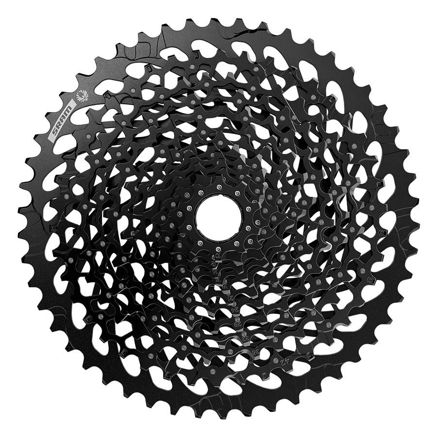 SRAM XG-1275 Eagle C1 cassette with 12-speed gear teeth and black finish for mountain bike drivetrain, shown in close-up.