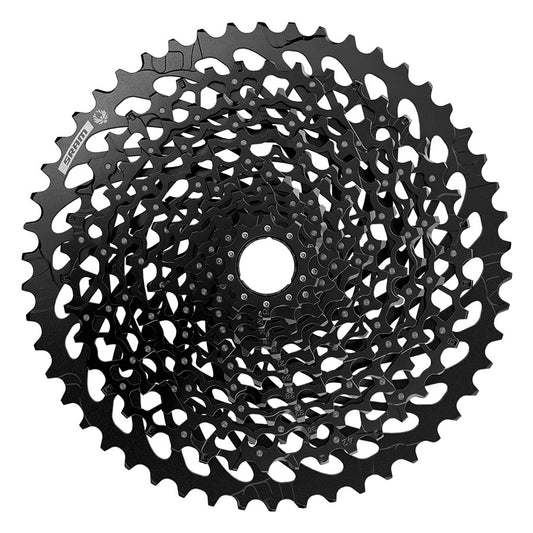 SRAM XG-1275 Eagle C1 cassette with 12-speed gear teeth and black finish for mountain bike drivetrain, shown in close-up.