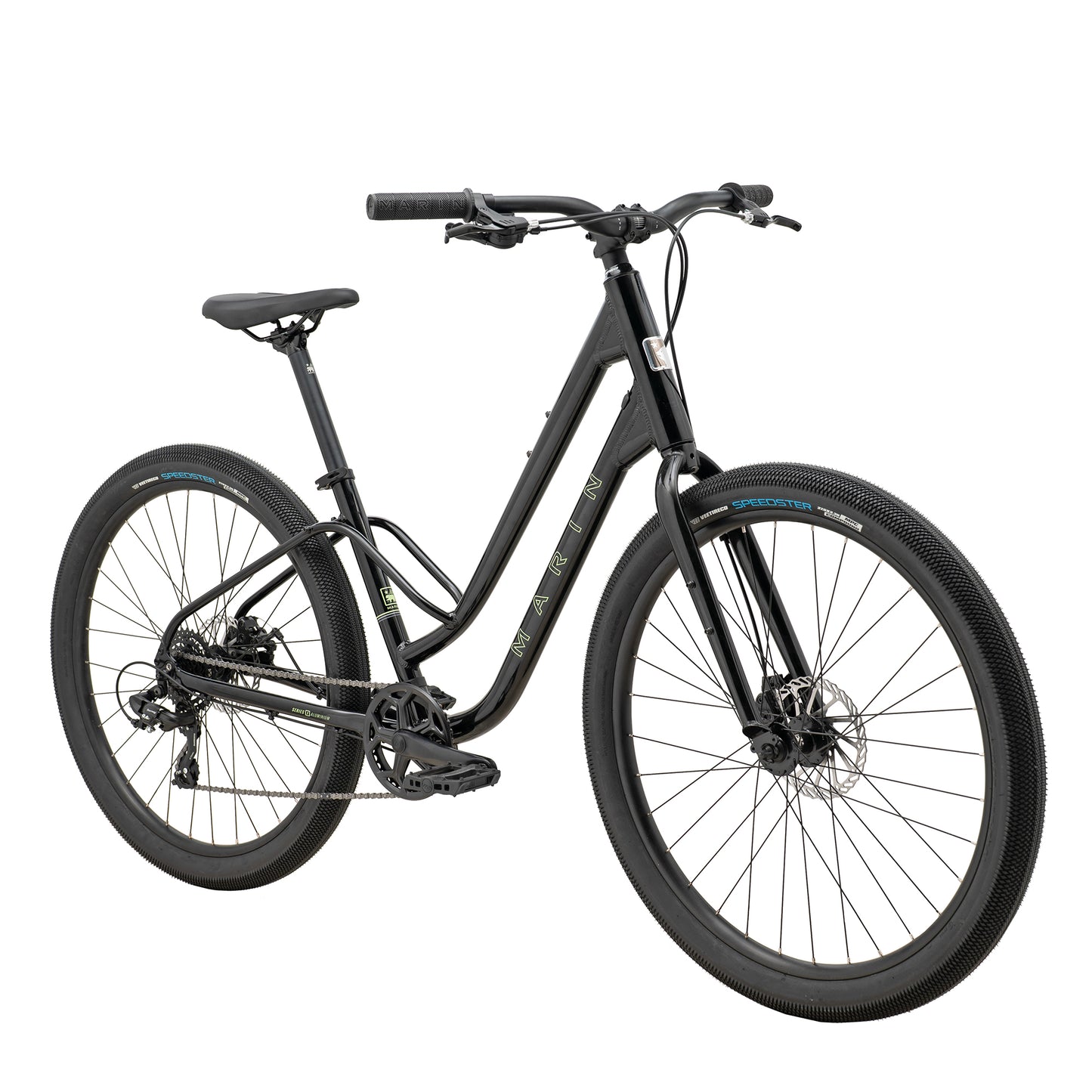 Marin Stinson 1 ST urban city bicycle with black frame, front view showing handlebars, wheels, and sleek design.