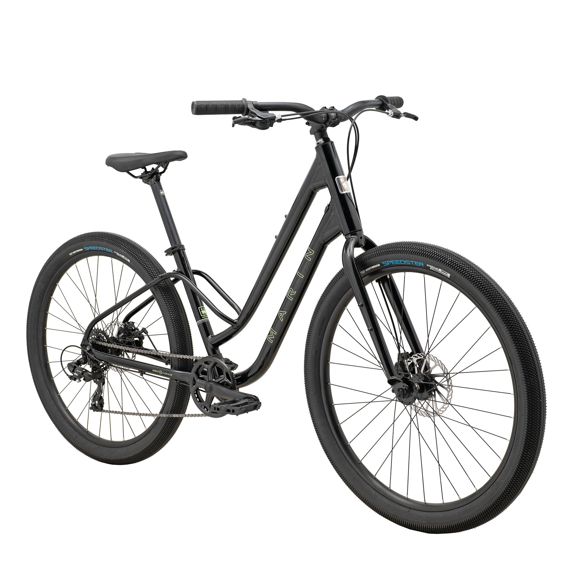 Marin Stinson 1 ST urban city bicycle with black frame, front view showing handlebars, wheels, and sleek design.