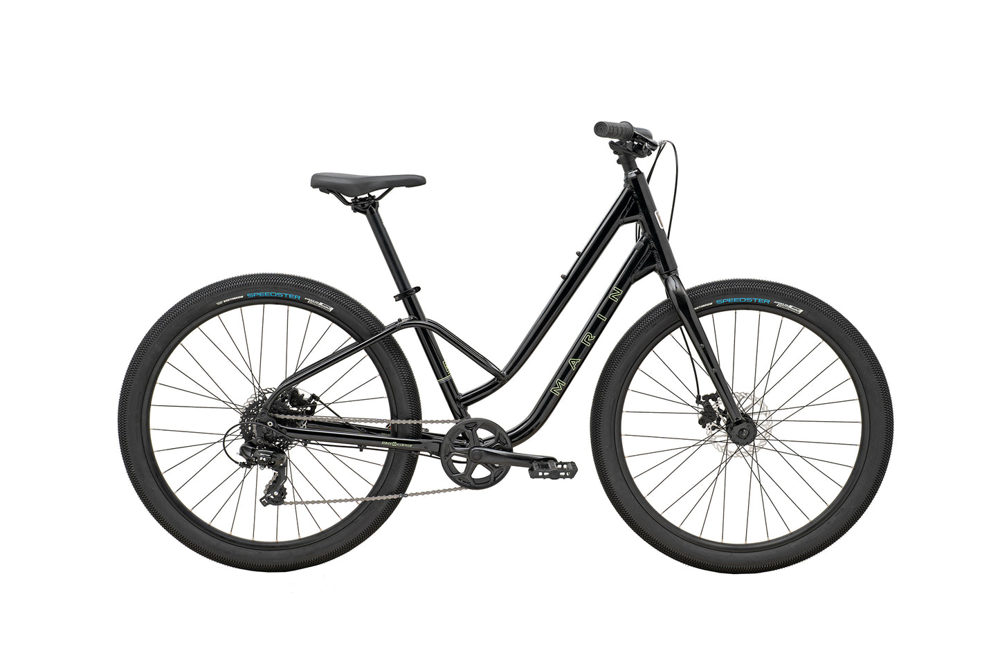 Marin Stinson 1 ST urban city bicycle black profile view showcasing sleek frame and modern design.