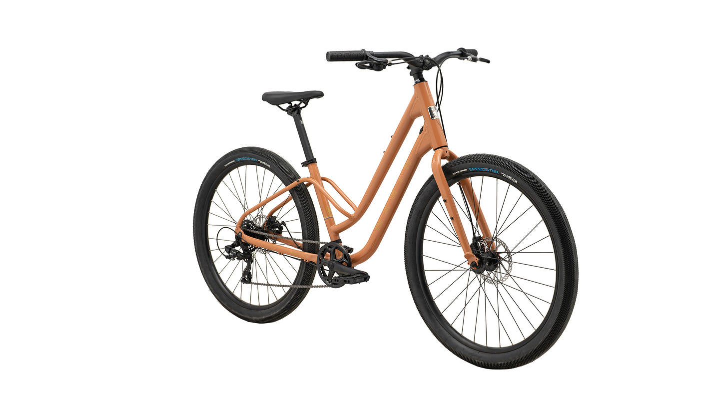 Marin Stinson 1 ST urban city bicycle with a brown frame, front view showing handlebars and front wheel, suitable for urban commuting.