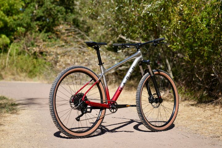 Close-up of the Marin Bobcat Trail 3 mountain bike frame and components showing its sturdy construction and sleek design.