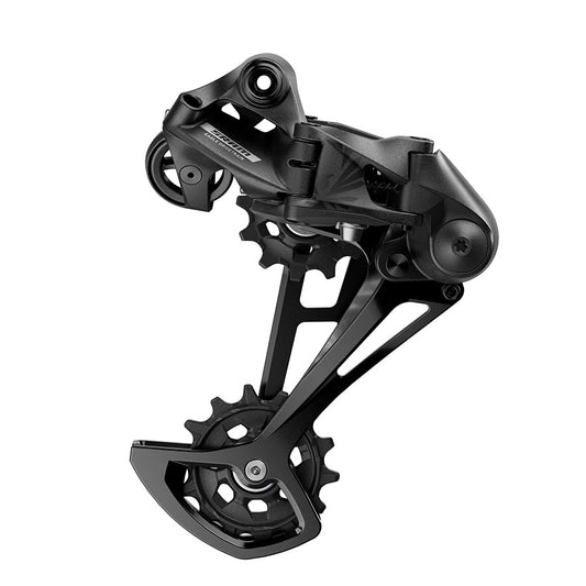 SRAM Eagle S100 B1 MTB rear derailleur mounted on bicycle, showing gear adjustment screws and durable metal construction.
