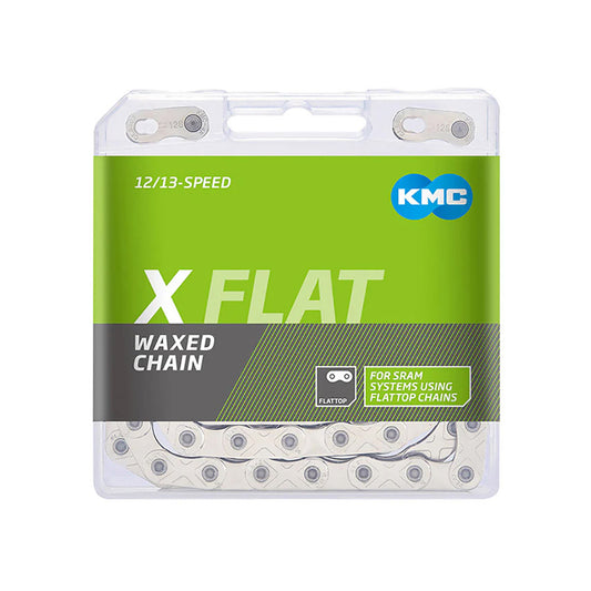 KMC X-Flat12 wax chains with silver finish, close-up of the durable bicycle chain designed for optimal performance.