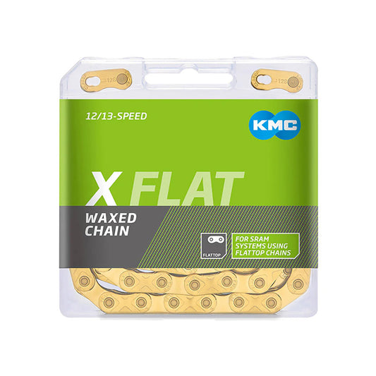 KMC X-Flat12 wax-coated bike chains with durable links, designed for smooth shifting and long-lasting performance.