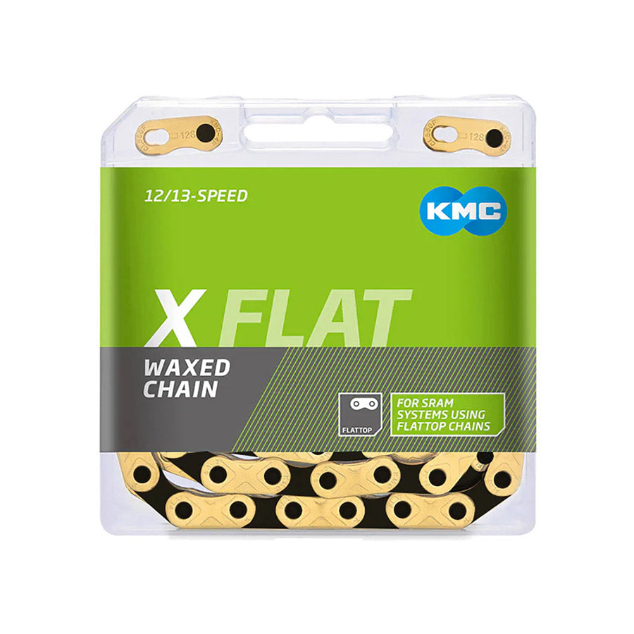 KMC X-Flat12 wax chains for bicycles, showing close-up of black metal chain links with branding details.