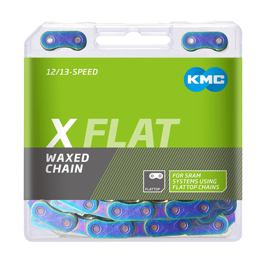 KMC X-Flat12 bike chain with wax coating, close-up view showing links and metal finish for enhanced durability and performance.