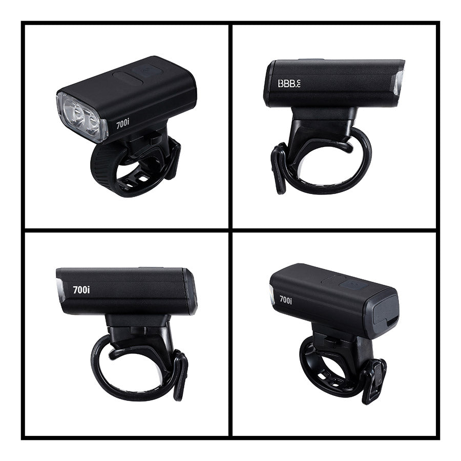 BBB Cycling BLS-262i Nanostrike 700i bike light with bright LED beam and compact design, shown mounted on a bicycle handlebar.