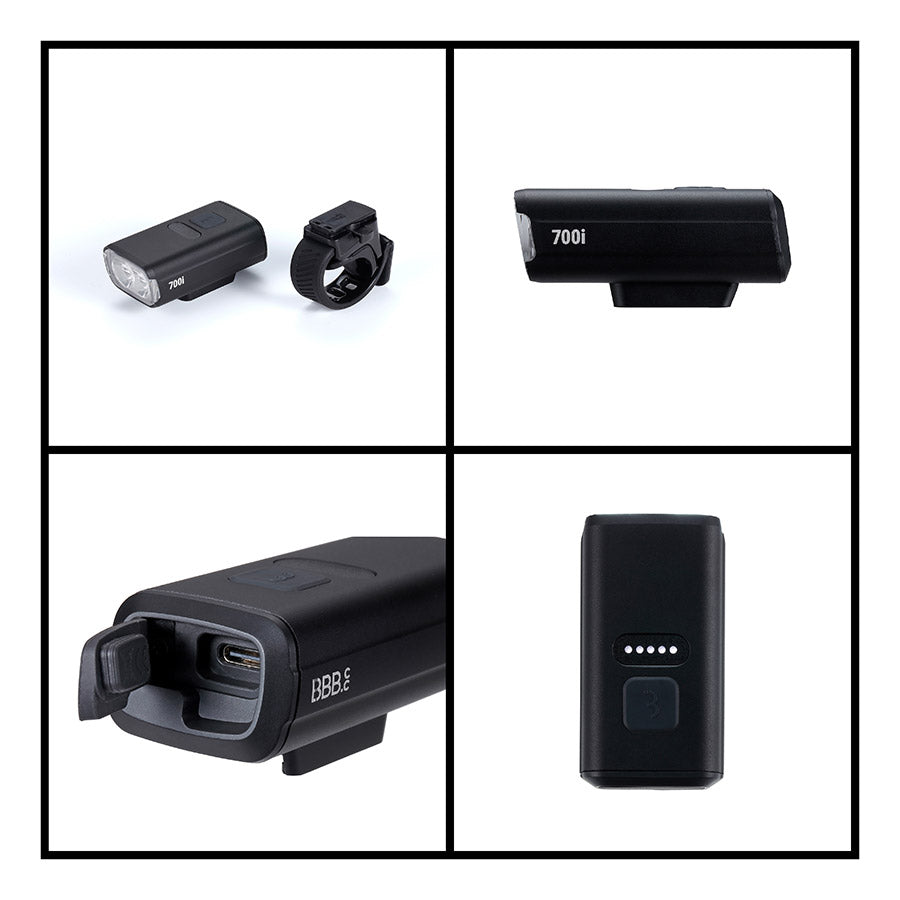 BBB Cycling BLS-262i Nanostrike 700i bike light with front and rear LED lights, compact design, and adjustable mounting bracket.