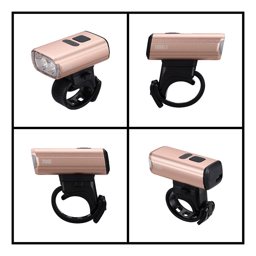BBB Cycling BLS-262i Nanostrike 700i bike light with front and rear LED lights, mounted on a bicycle handlebar.
