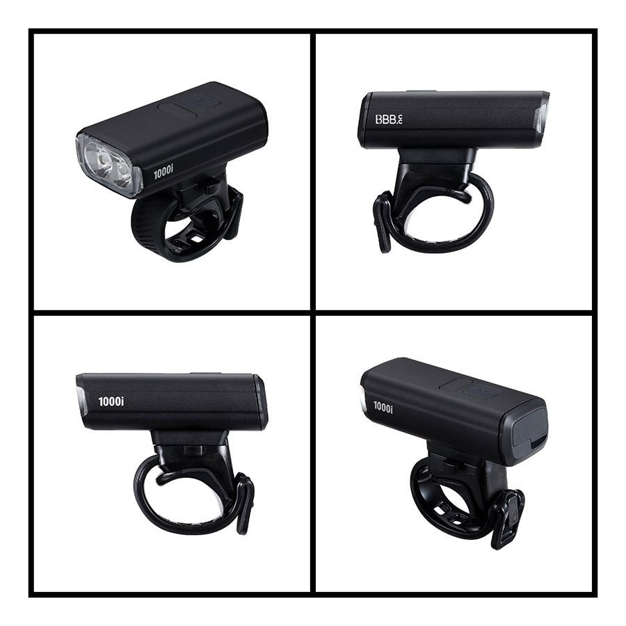 BBB Cycling BLS-263i Nanostrike 1000i bike light mounted on a bicycle handlebar with bright LED illumination.