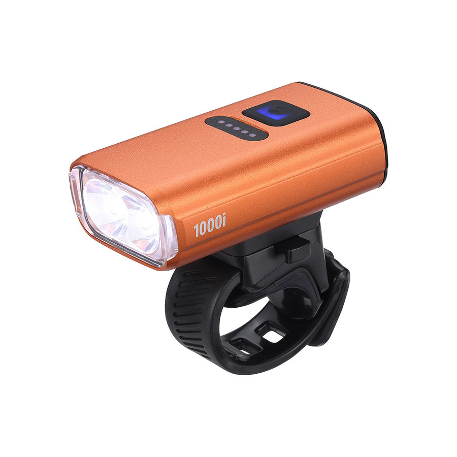 BBB Cycling BLS-263i Nanostrike 1000i bike light mounted on a bicycle handlebar, showing its compact LED design and mounting bracket.