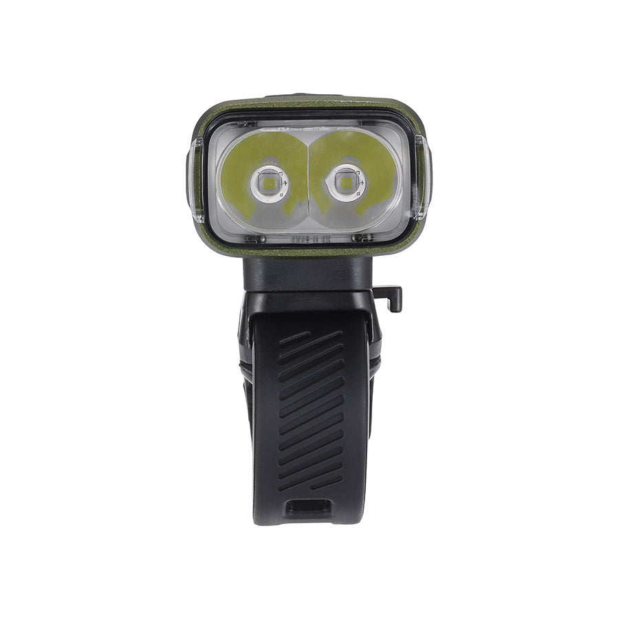 BBB Cycling BLS-263i Nanostrike 1000i LED bike light mounted on a bicycle handlebar, showing front view with bright illumination.