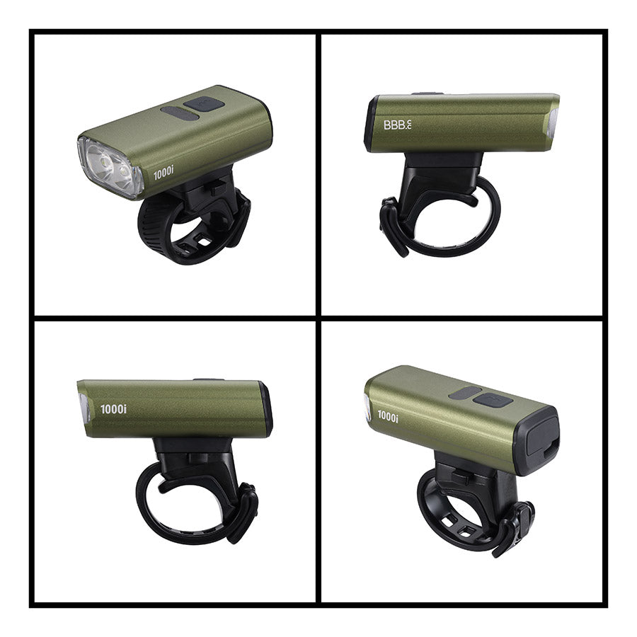 BBB Cycling BLS-263i Nanostrike 1000i bike light mounted on a bicycle handlebar, showcasing its compact design and LED illumination.