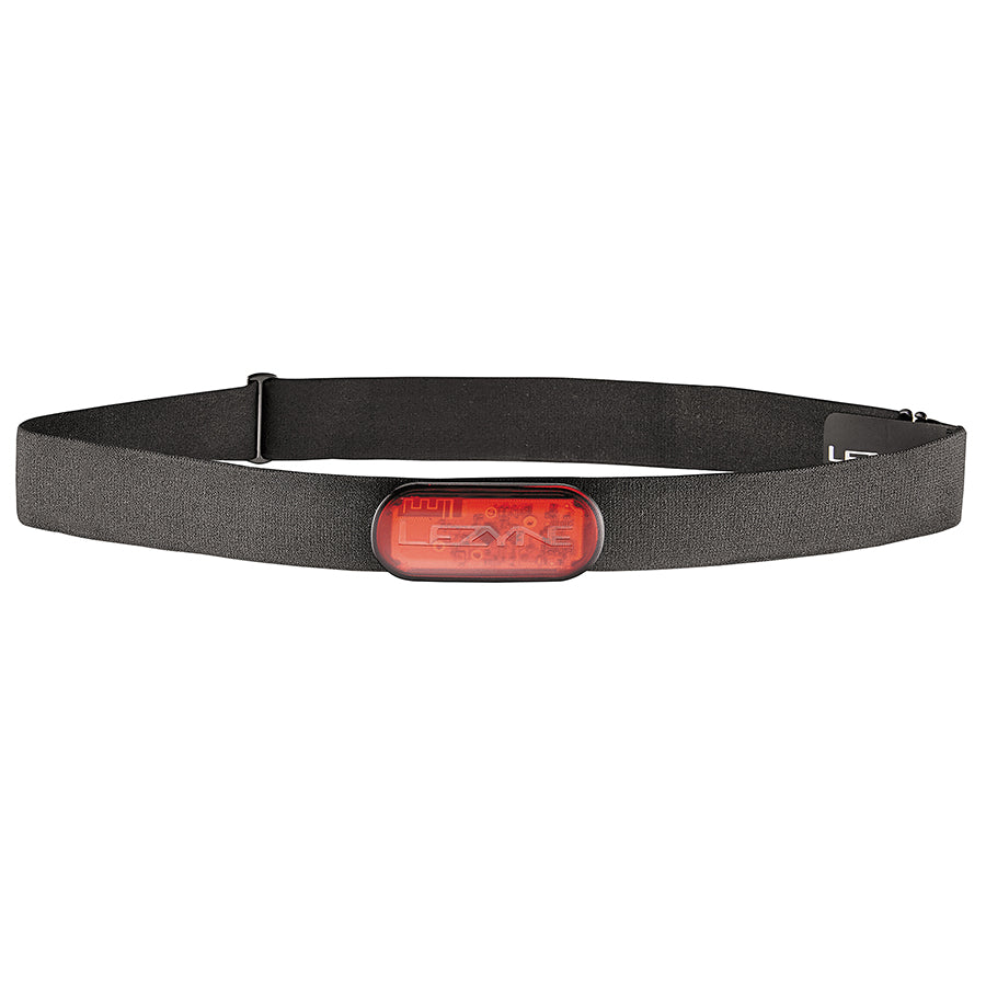 Lezyne Heart Rate Flow Sensor belt displaying heart rate monitor strap and sensor components for fitness tracking.