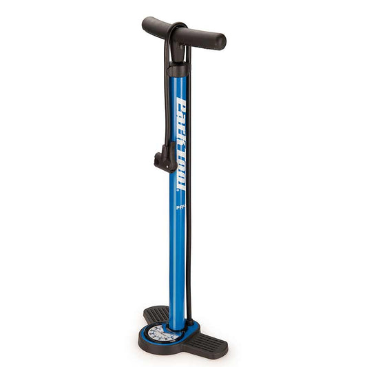 Park Tool PFP-8 floor pump with digital gauge, sturdy metal body, and comfortable handle for precise bicycle tire inflation.