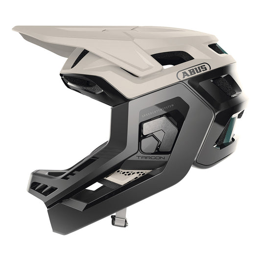 Abus Targon full face helmet with adjustable straps and ventilation, shown from the front view.