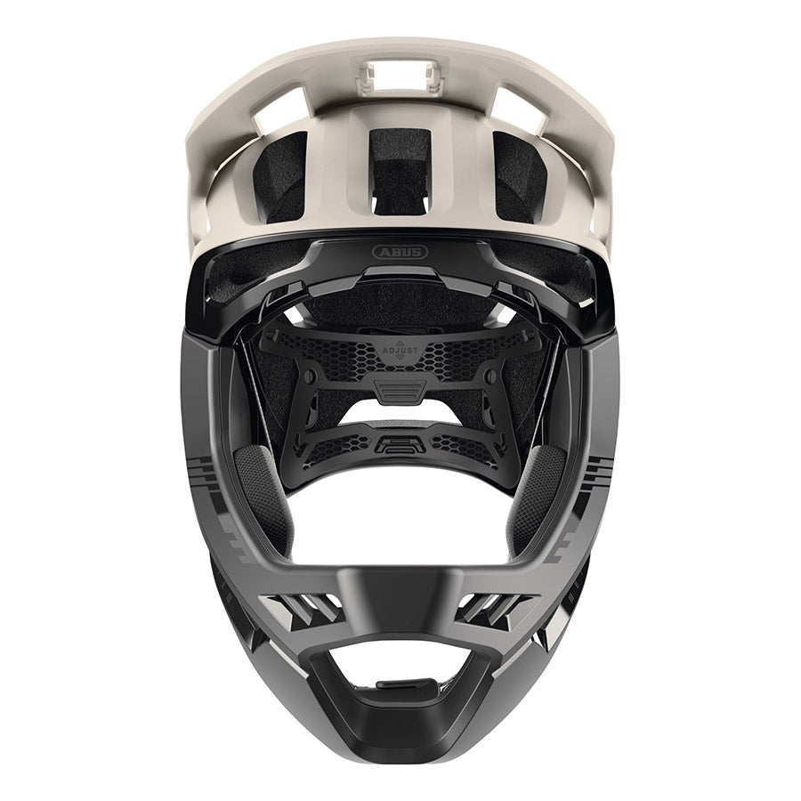Abus Targon full face helmet with adjustable straps and ventilation, shown from the side with a sleek black design.