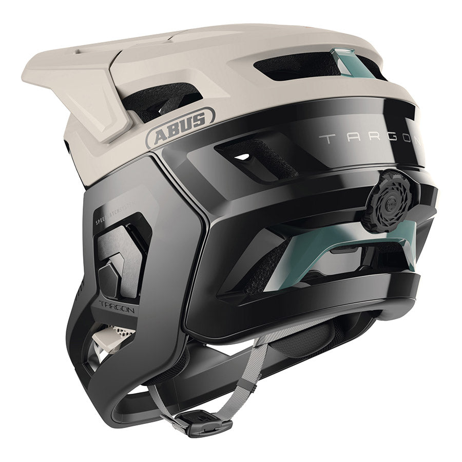 Abus Targon full face helmet with adjustable straps and ventilation, shown from a front angle.