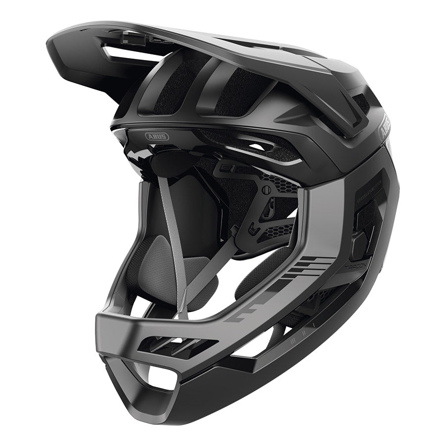 Abus Targon full face helmet with black and gray design, adjustable straps, and ventilation openings for safe cycling.