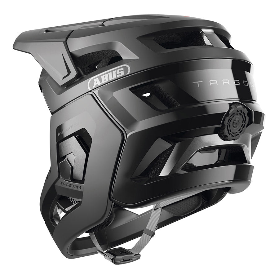Abus Targon full face helmet with aerodynamic design and ventilation, shown from the side in black and gray.