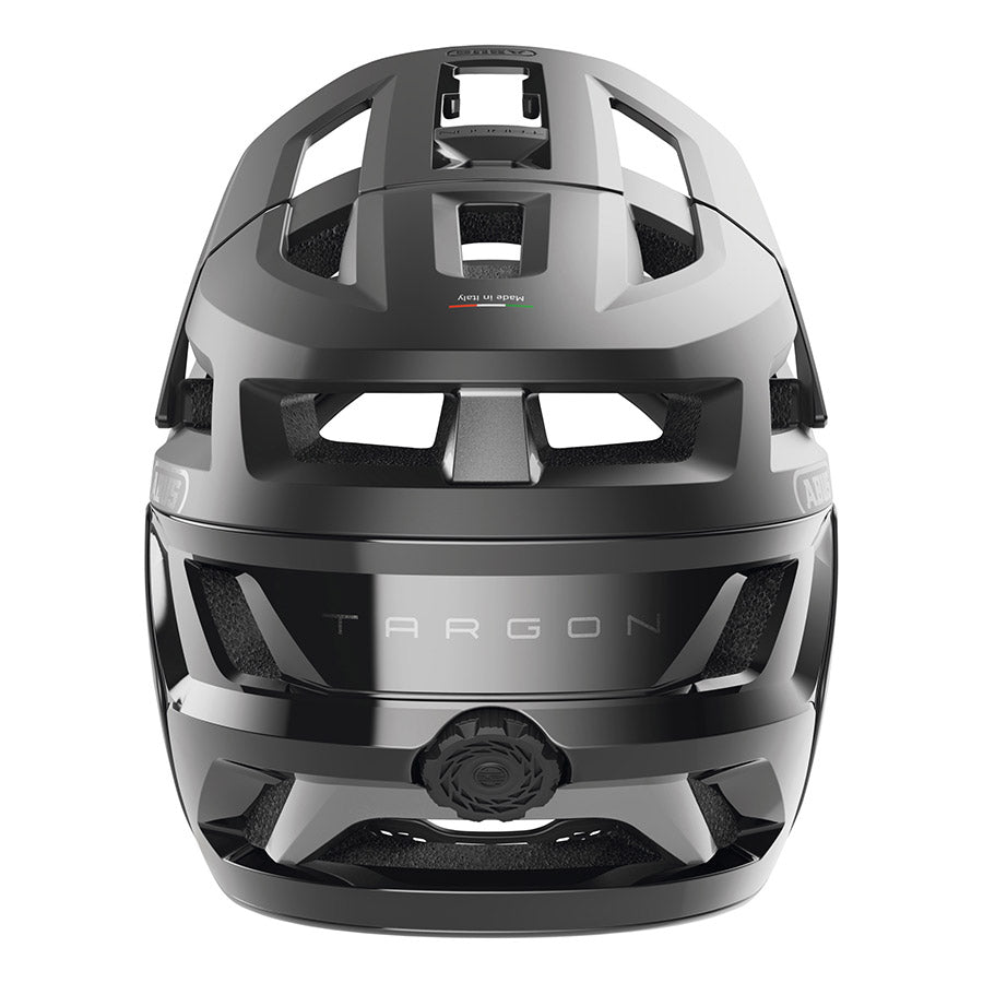 Abus Targon full face helmet with vented design, adjustable straps, and matte black finish, suitable for cycling and motorbiking.