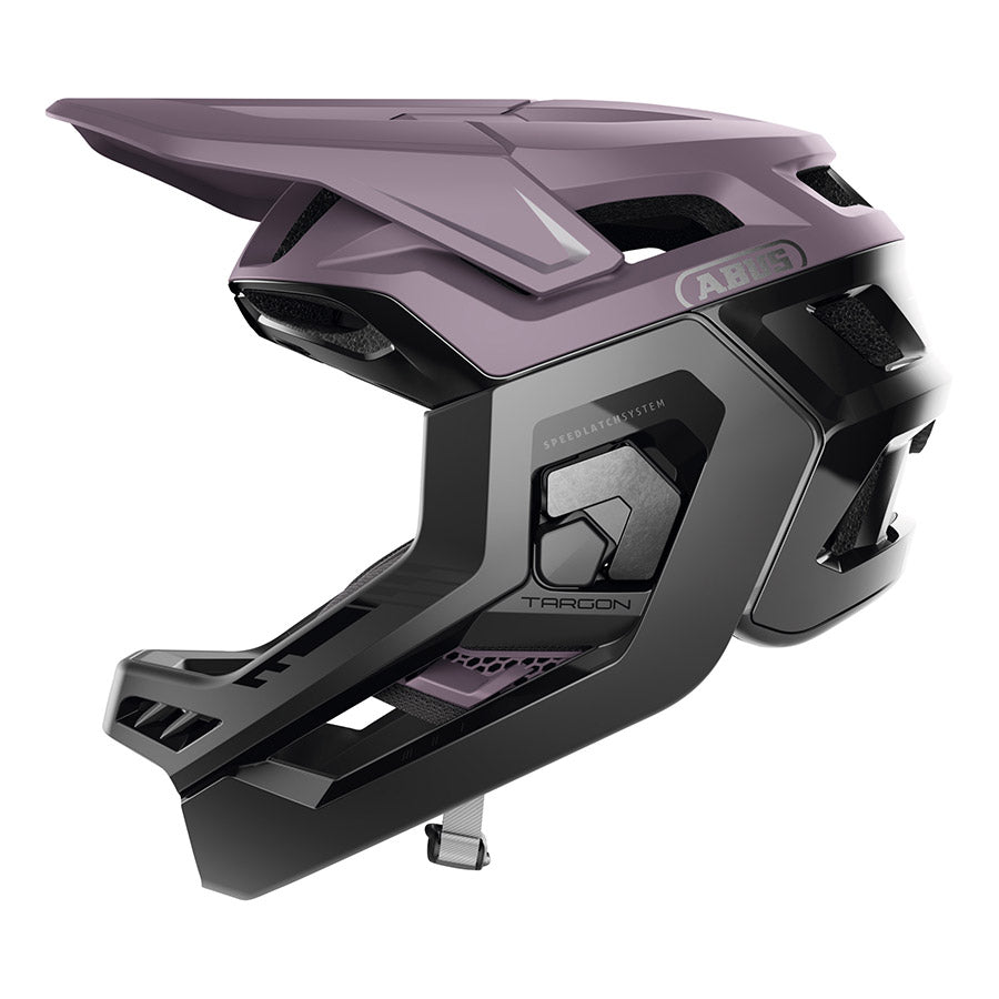 Abus Targon full face helmet with black and gray design, secure strap, and aerodynamic shape for cycling safety.