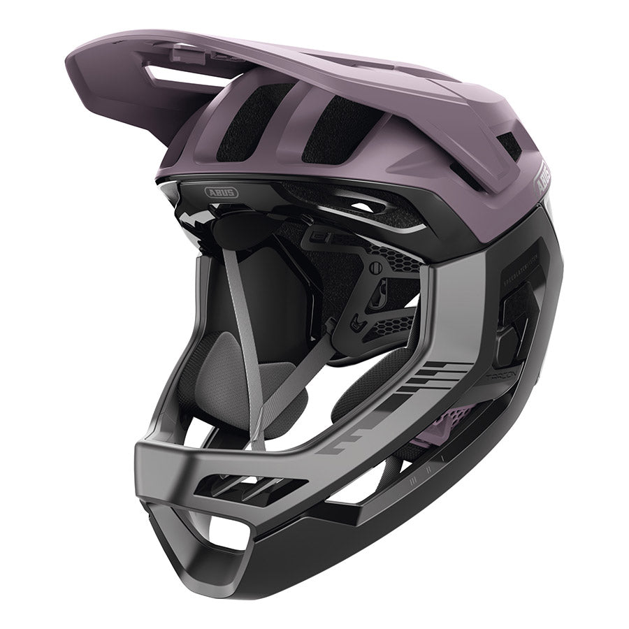 Abus Targon full face helmet with black and white design, adjustable strap, and ventilation vents for safety and comfort.