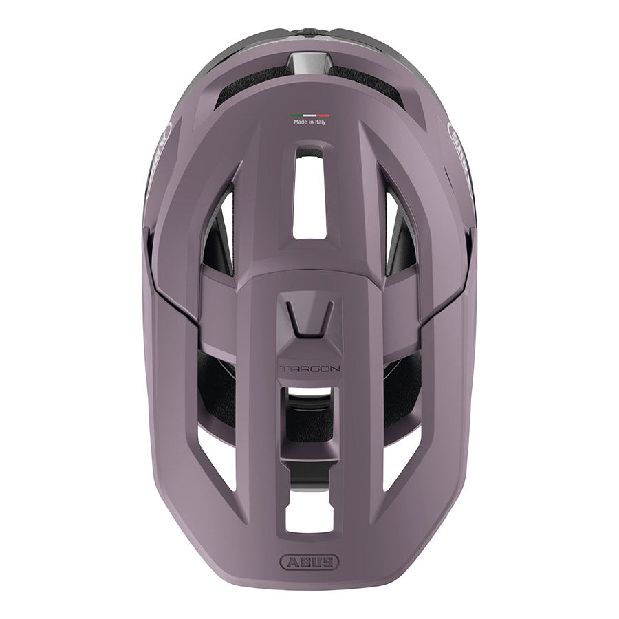 Abus Targon full face helmet with adjustable straps and ventilation, shown from the front view.