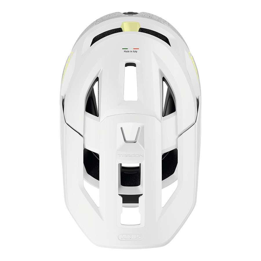 Abus Targon full face helmet with adjustable straps and ventilation, black color, shown from a side angle.
