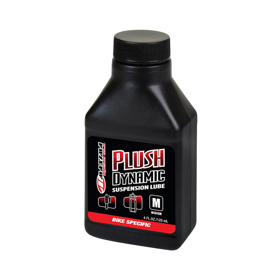 Maxima Racing Oils Plush Dynamic Medium suspension oil bottle with label, designed for motorcycle suspension maintenance.