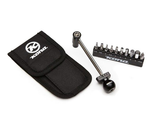 Kona Torque Tool multi-tool with adjustable wrench, screwdriver bits, and compact design for versatile bike repairs.
