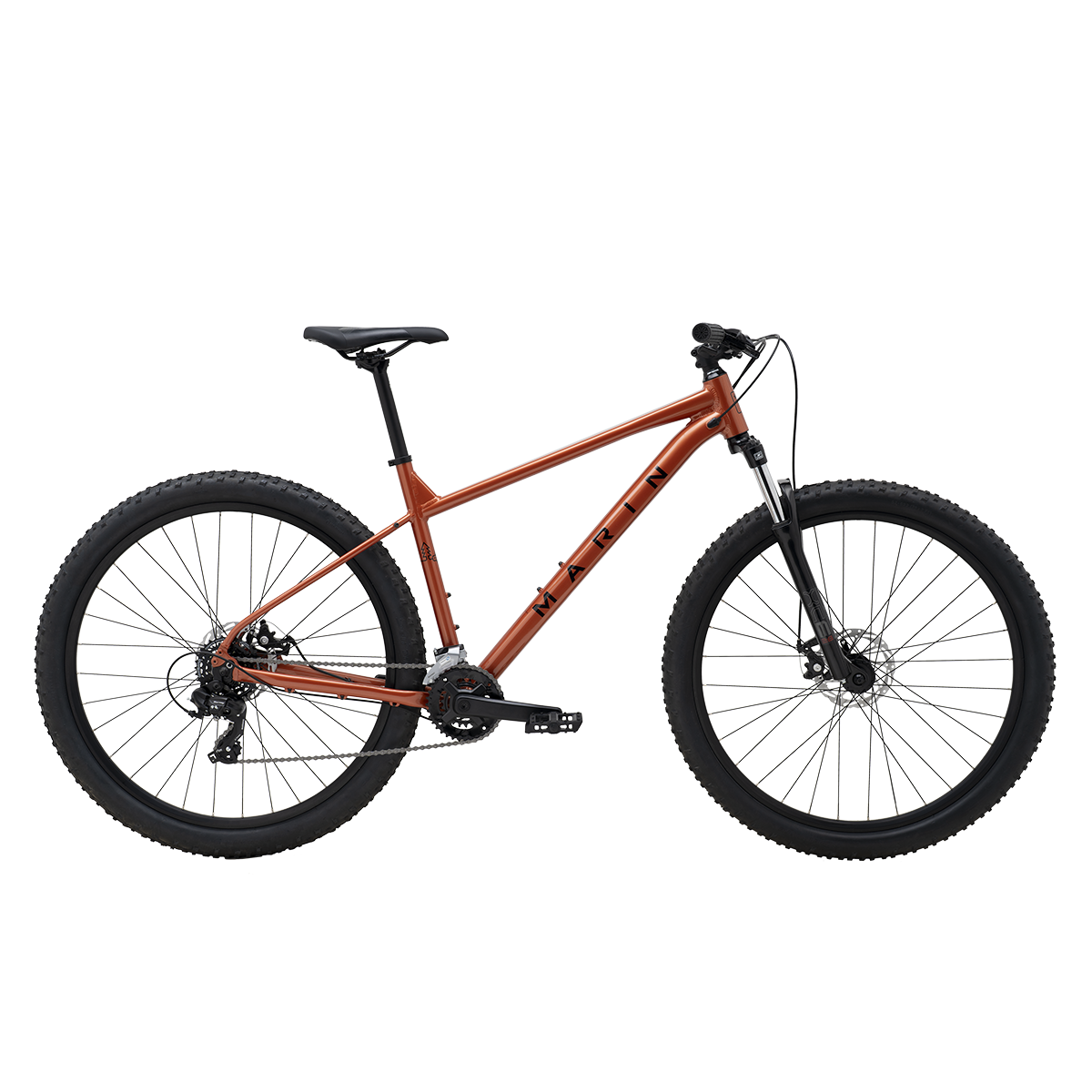 Marin Bolinas Ridge 1 mountain bike with orange frame, front suspension, and knobby tires for trail riding and off-road adventures.
