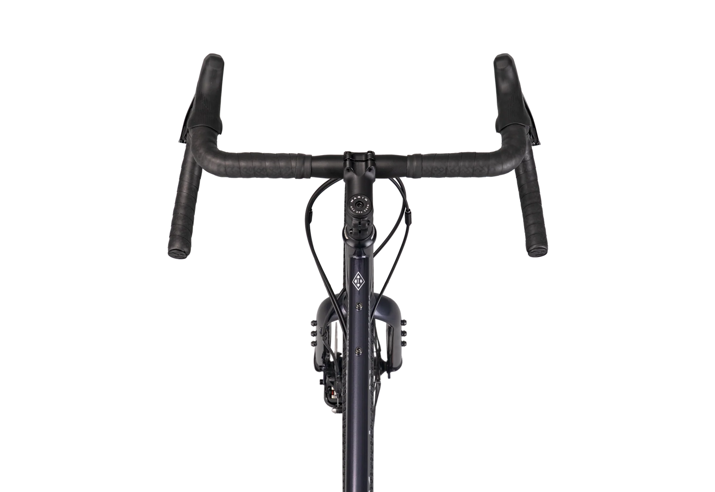 Marin Four Corners 1 gravel bike with purple frame and black accents, shown from the back with sleek design and sturdy tires.